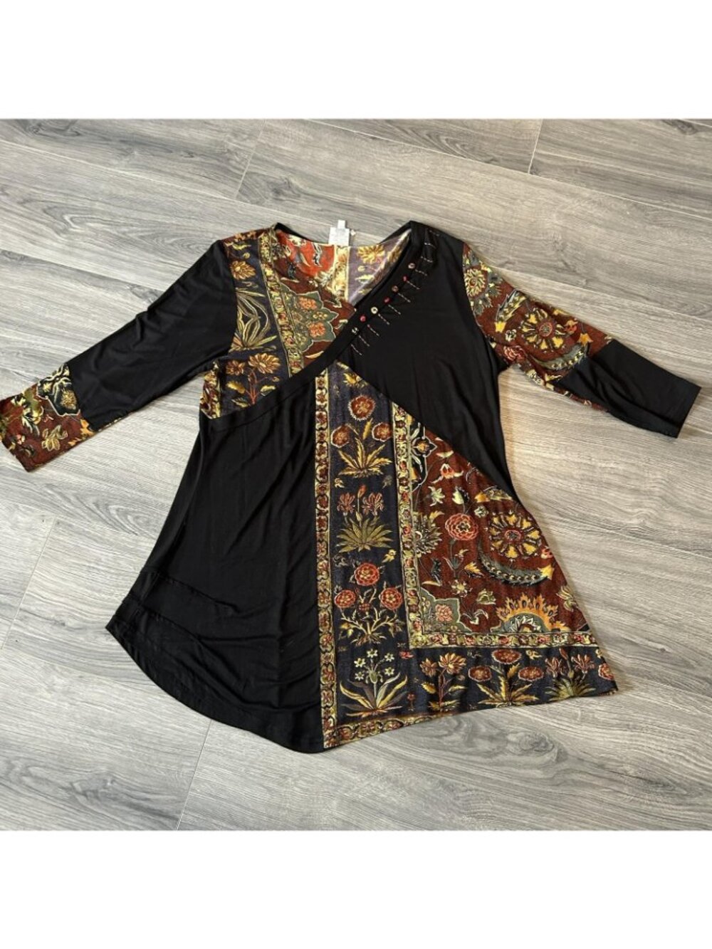 Parsley & Sage Shirt Womens XL Black Floral Tunic Top Boho Patchwork Asymmetric - Picture 2 of 9